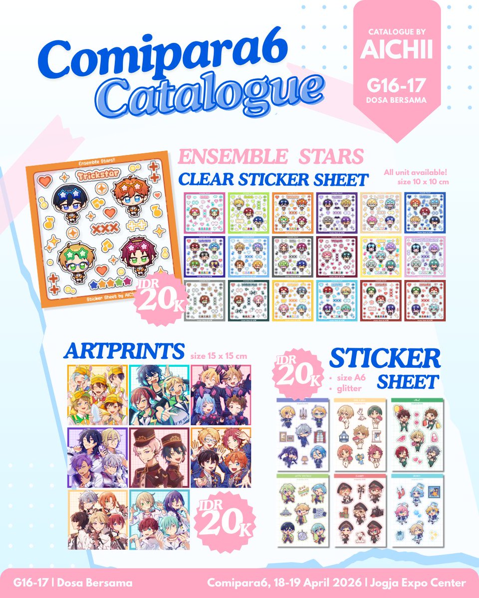 ✨Shares are appreciated~~!!✨

[1/2]
Here are my personal catalogue for COMIPARA6!!
All items are READY STOCK ONLY

📅 Comipara6, 18-19 April 2026 (both days)
📌 Booth Dosa Bersama, G16-17
❤️ Fandoms: Enstars, Precure, Charisma House, Plave, etc.

#comipara6 #comiparacatalogue