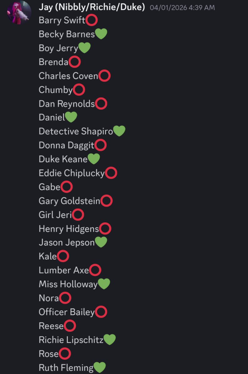 alrightlarussoo's tweet photo. okay um ive never really promoted anything before but i am in a hatchefield rp discord server and it is super fun (invite in replies) ๐ท๐
screenshots attached are the characters, the red circles are currently available! - ๐งต
#starkid #hatchetfield #roleplayserver https://t.co/Pfhn2UvUDL