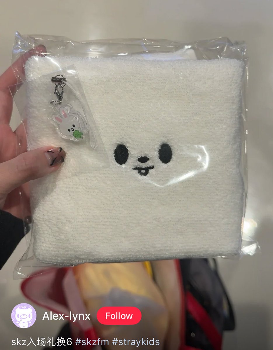 day 4 entrance gift for stays for the 6th fanmeeting have the ot8 photocard set, random skzoo hand towel and the random acrylic skzoo keyring holding a clover but colorful ver!!