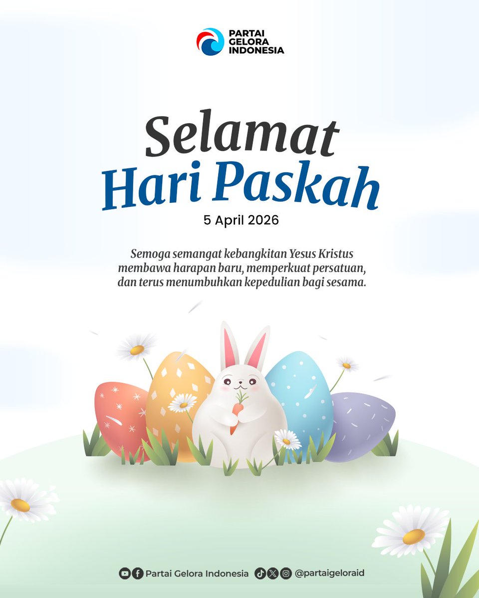 partaigeloraid's tweet photo. Selamat Hari Paskah 2026. 

​Mari perkuat persatuan dan terus tumbuhkan kepedulian nyata bagi sesama.
​Selamat merayakan bagi seluruh umat Kristiani.

​#HariPaskah #Paskah2026 #PartaiGelora https://t.co/VLaLZvkOZ3