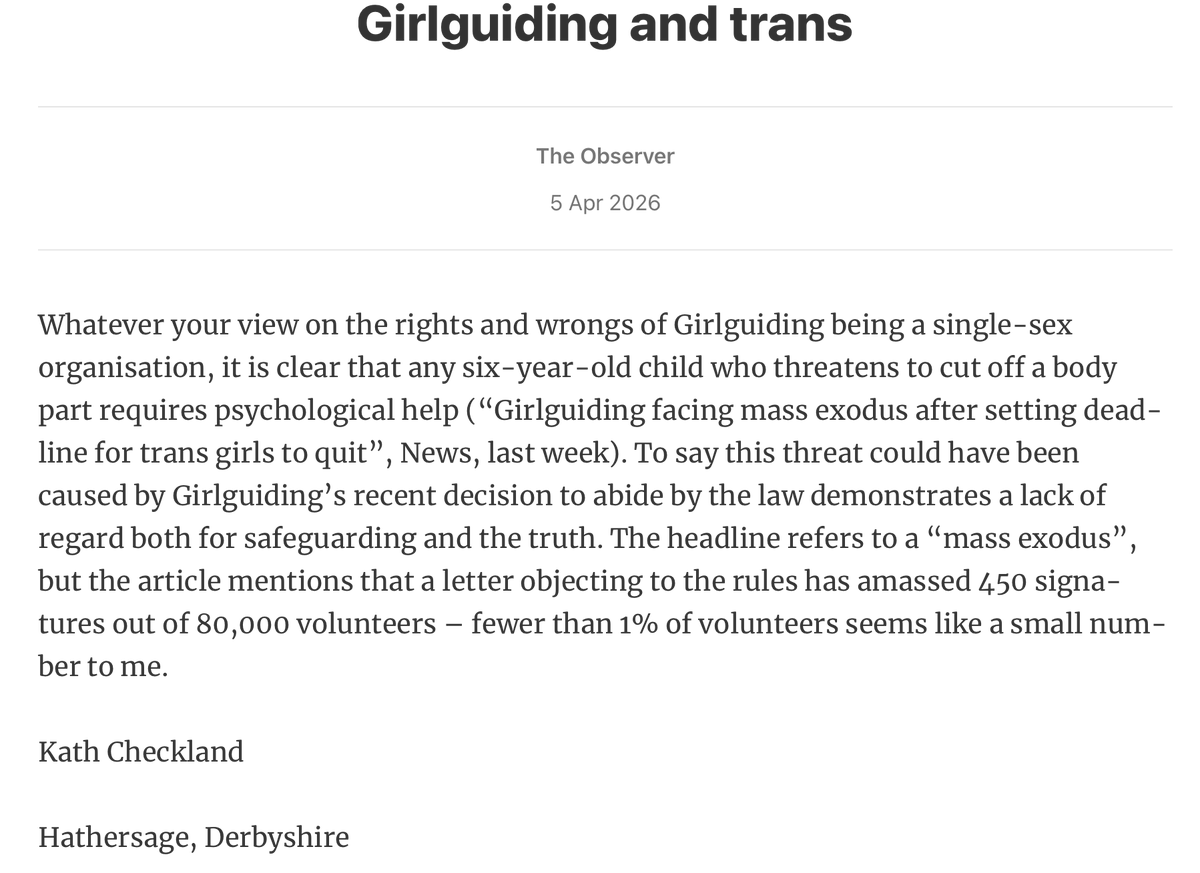 "To say this threat could have been caused by Girl­guid­ing’s recent decision to abide by the law demon­strates a lack of regard both for safe­guard­ing and the truth."

Prof <a href="/khcheck/">KathCheckland</a>'s letter in <a href="/ObserverUK/">The Observer</a>, 5 April

observer.co.uk/print-edition#…