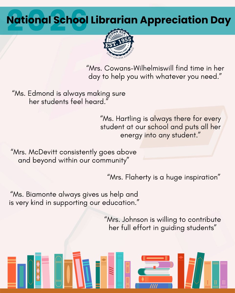 uconnece's tweet image. Happy National School Librarian Day!
At UConn Early College Experience, we celebrate the librarians who support student success every day, fostering curiosity, confidence, and growth.
Thank you for all you do!
#UConnECE #concurrentenrollment #ctcep #NationalSchoolLibrarianDay