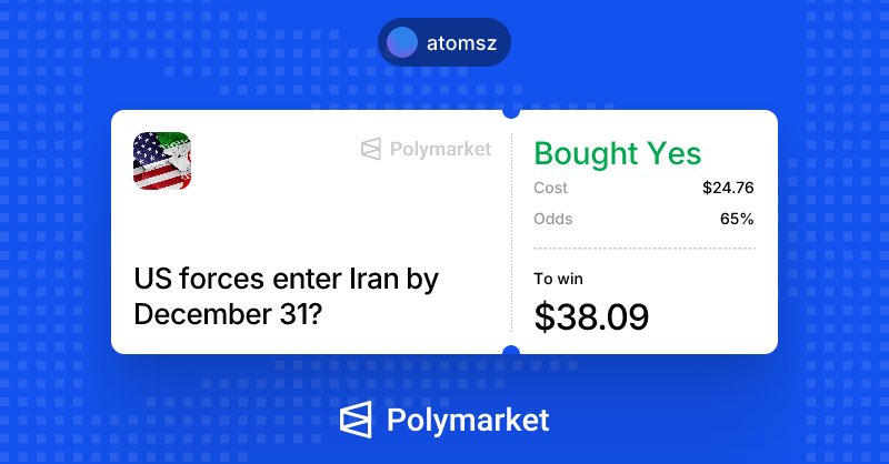 I just put my money where my mouth is on <a href="/Polymarket/">Polymarket</a>.

Trade against me: polymarket.com/share/eyJwcm94…