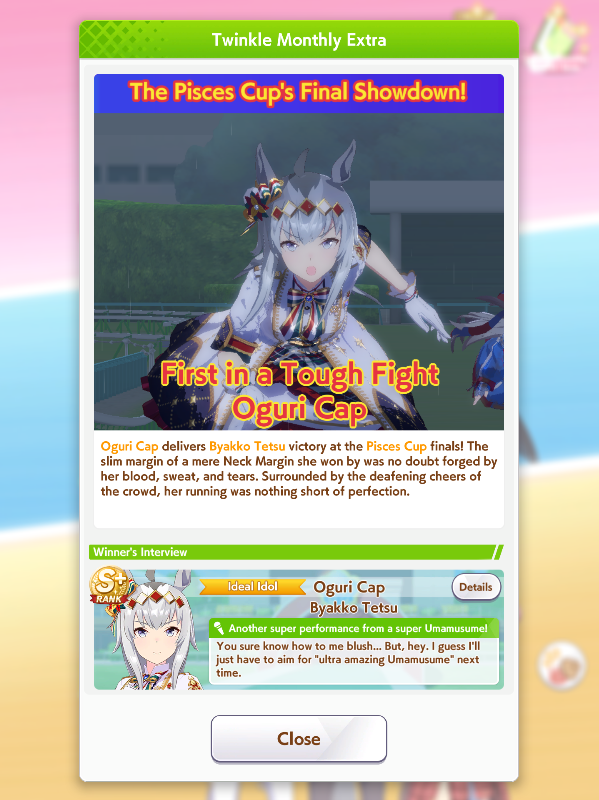 Actually did pretty well in the Pisces Cup. Oguri and Goldship grabbing a lot of wins, with Oguri winning it for us in the Final Round! Partner ID for Oguri: 562029674

#umamusume #umamusumeprettyderby