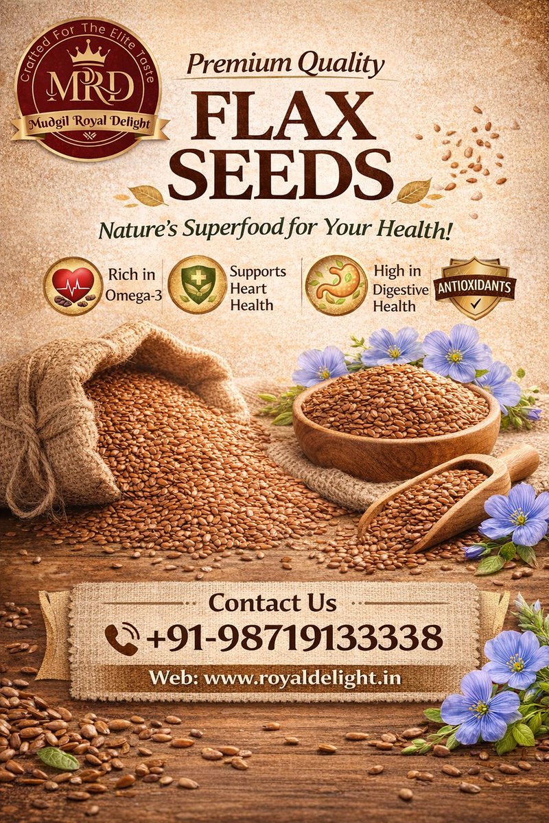 MudgilRoyal's tweet photo. Stay fit &amp; strong with @MudgilRoyal Delight’s Premium Flax Seeds💯

✔ High Fiber
✔ Omega-3 Power
✔ Better Digestion
✔ Heart Friendly ❤️
Simple. Natural. Effective.

📞 +91-9871913338
🌐 https://t.co/oNgfKKSSih

#FlaxSeeds #Alsi #HealthyLiving #Nutrition #HeartHealth #MRD https://t.co/uLhaVCPY8g