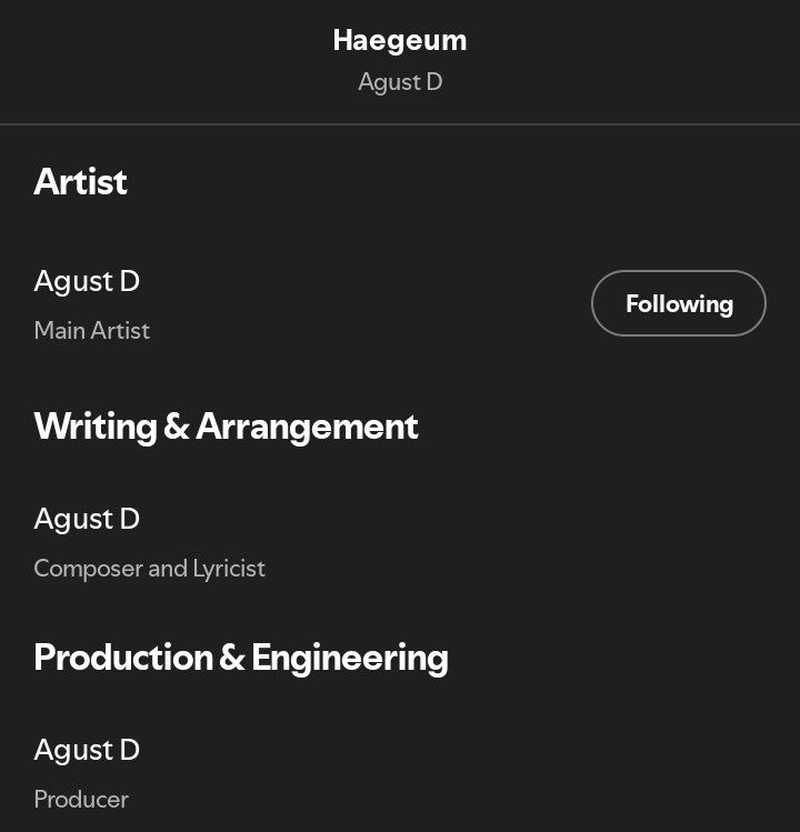 อาร์มี่ เมนพี่ยุนกิมาช่วยกันสตรีม Haegeum ให้ถึงพันล้านกัน เปลี่ยนความโกรธที่ค่ายไม่เอา Come Over ลงสตรีมมิ่ง มาช่วยกันสร้างสถิติให้พี่ยุนกิกลายเป็นศิลปินเกาหลีคนแรกและคนเดียวเดียวที่มียอดสตรีมถึงพันล้านจากเพลงที่ทำเองทุกขั้นตอนกันค่ะ All-Kill Credits ขนาดนี้ต้องพันล้านแล้วมั้ย