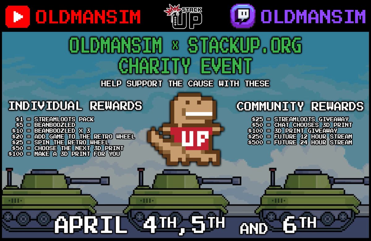 OldManSim's tweet photo. Today is Day 3 of our charity Stream Event raising 💸 for the @StackUpDotOrg #CallToArms2026 campaign! Raising 💸 for a charity that helps our military through gaming. Here's the flyer! See you at 6pm est: https://t.co/vlgRKgKh3T
https://t.co/Nsz9k2gPhE https://t.co/IBeps3uguN https://t.co/7J1qgRgElF