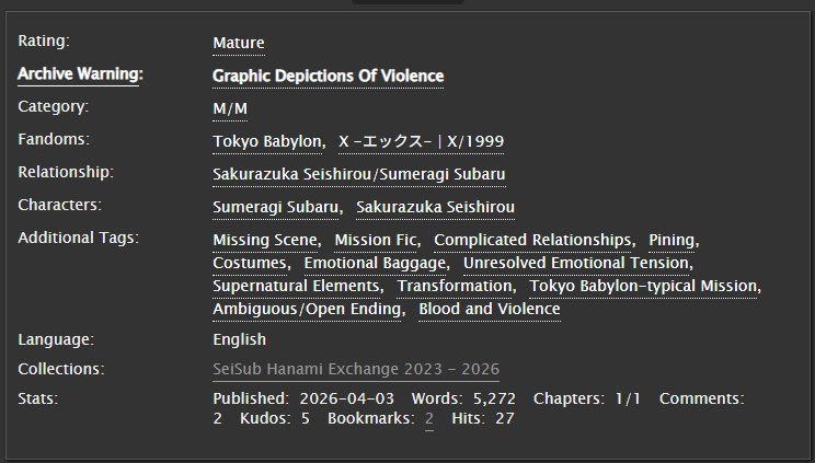 _theinstinct's tweet photo. I wrote this for @/GrayMM for this year's @seisubhanamiex1 The prompt was costumes, meeting unexpectedly, and disguising themselves, all wrapped in a casefic 🌸⭐️
Happy (belated) (fake) birthday, Sakurazuka Seishirou!
Link below 👇
#星昴 #tokyobabylon #seisub https://t.co/s3PeEdJobR