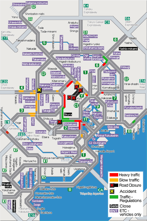 shutoko_EN's tweet photo. This map shows the traffic conditions as of  3 p.m. on the Metropolitan Expressway. For more information, please see the following link.
#Shutoko
https://t.co/cIezY4a0MV https://t.co/fBqB9kP0Lg