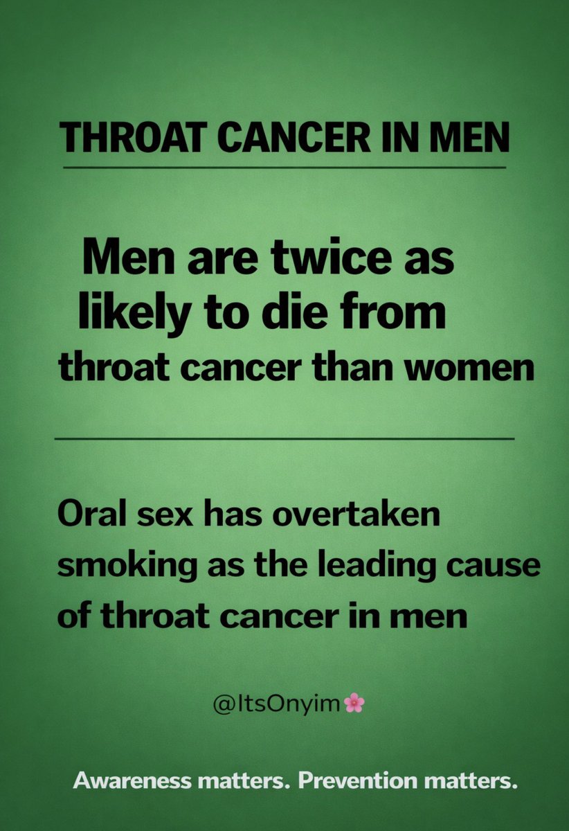 Guys is it too early to talk about this? 

Cheating by women is very dangerous spiritually n physically to her man ✅

Many celebs are dealing with Throat cancer✅

How to prevent? 

What is HPV?

How and why do women have it?

Why can’t men tolerate it ? 

How to test or treat?