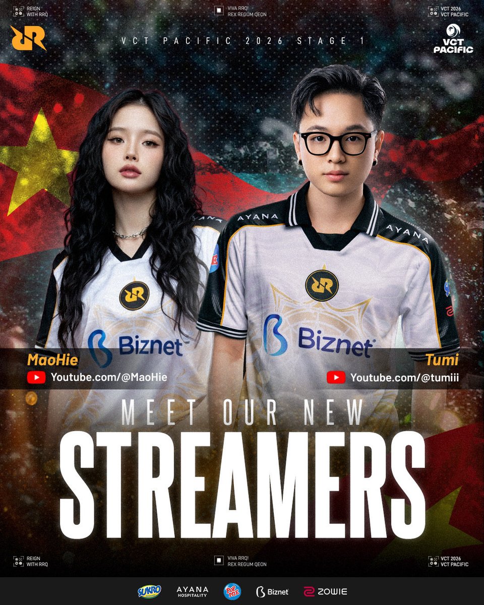 teamrrqofficial's tweet photo. Please welcome Mao Hie and @tumicasts as our new Vietnamese VALORANT streamers. The family keeps growing and we’re excited to have them with us. 💛🇻🇳
#VIVARRQ #VCTPACIFIC https://t.co/o4fGXXdzwX