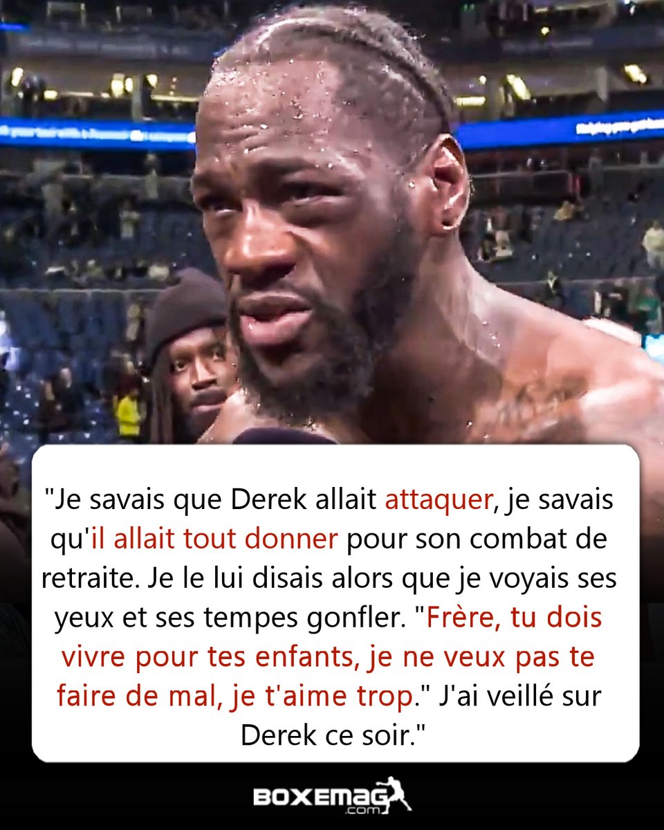BoxeMag_com's tweet image. Deontay Wilder 🇺🇸 a affirmé qu'il avait "levé le pied" lors de la seconde partie de son combat car il voyait que Derek Chisora commençait a être particulièrement bléssé.

#chisorawilder