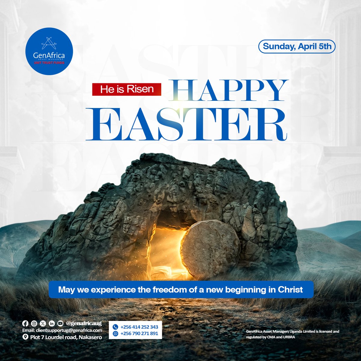 genafricaug's tweet photo. He is Risen! Today we celebrate the victory of hope and the beauty of new beginnings. Happy Easter to you and your loved ones!

#GenAfrica #EasterHolidays https://t.co/lCriV5qkLv