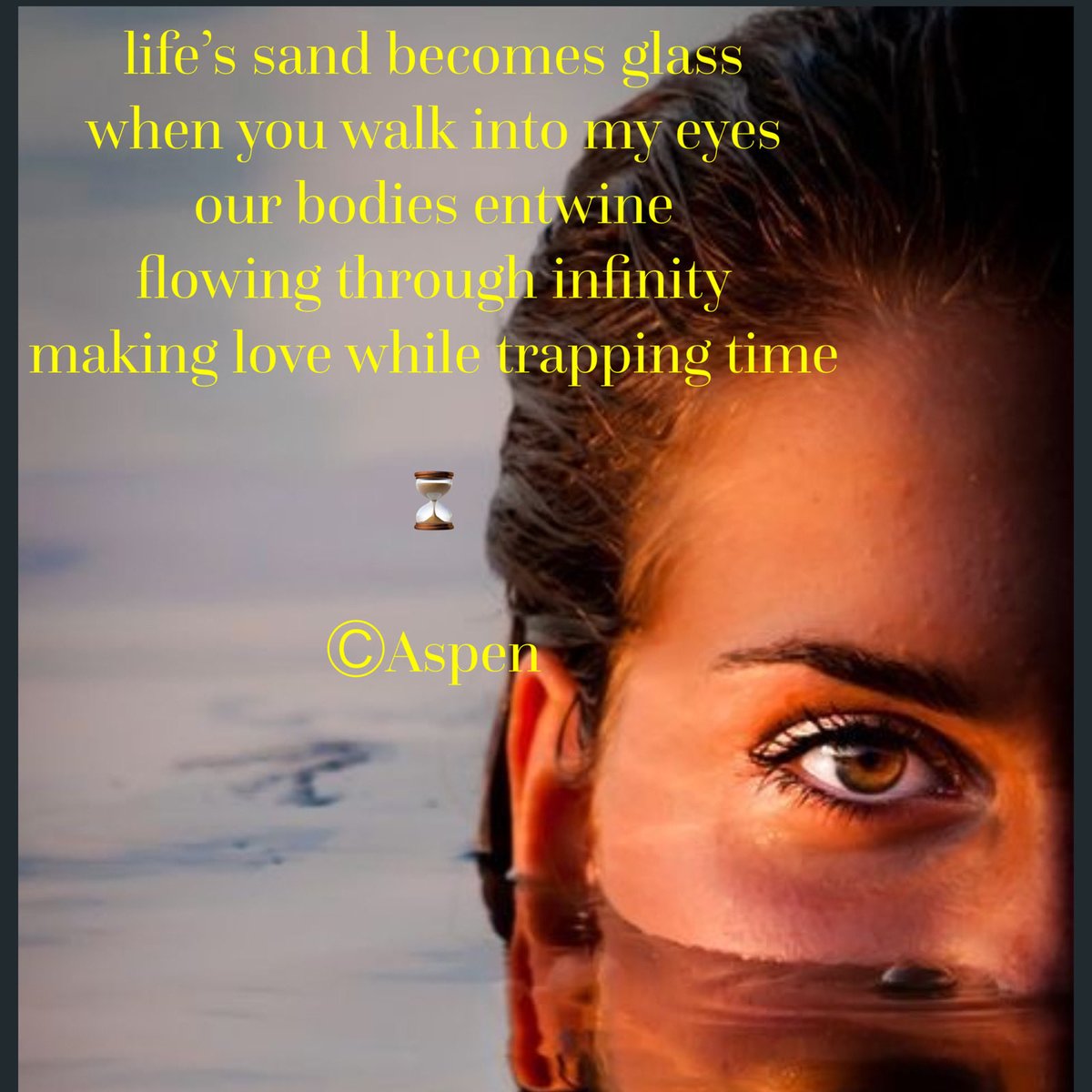 Write2Fite's tweet image. life’s sand becomes glass
when you walk into my eyes
our bodies entwine
flowing through infinity
making love while we trap time

ⒸAspen

#BraveWrite #vss365 #Poetry
#sand #PoetryCommunity 
#haiku #tanka #Poem

🍃🌼🍃⏳🍃🩵🍃♾️🍃

Love you,
Aspen🕊️
👇
youtu.be/450p7goxZqg?si…