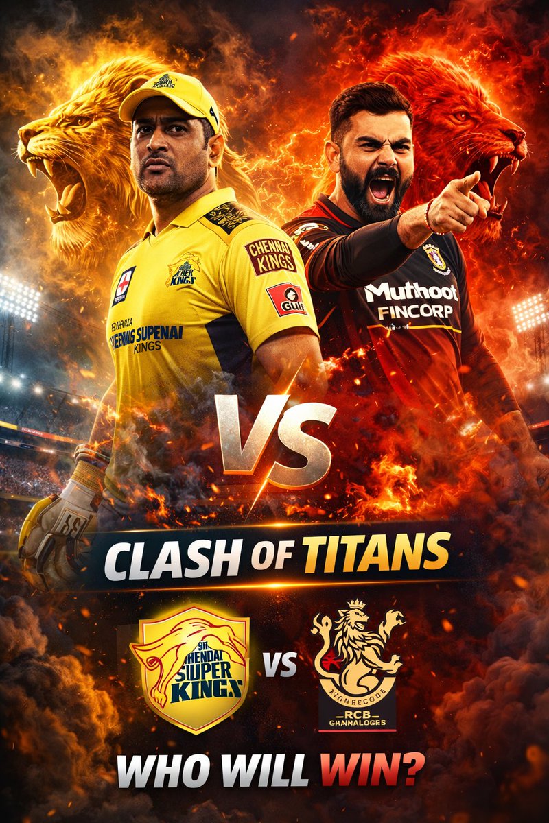 pmatha95's tweet photo. 🔥 Tonight’s Clash Alert! 🔥
When legacy meets passion, fireworks are guaranteed 💥
Two giants. One battlefield. Infinite emotions.
💛 vs 🔴 — Who are you backing tonight?
#IPL2026 #CSKvsRCB #CricketFever #MatchDay #T20Thriller #BleedYellow #PlayBold https://t.co/GMl7iqkKd8