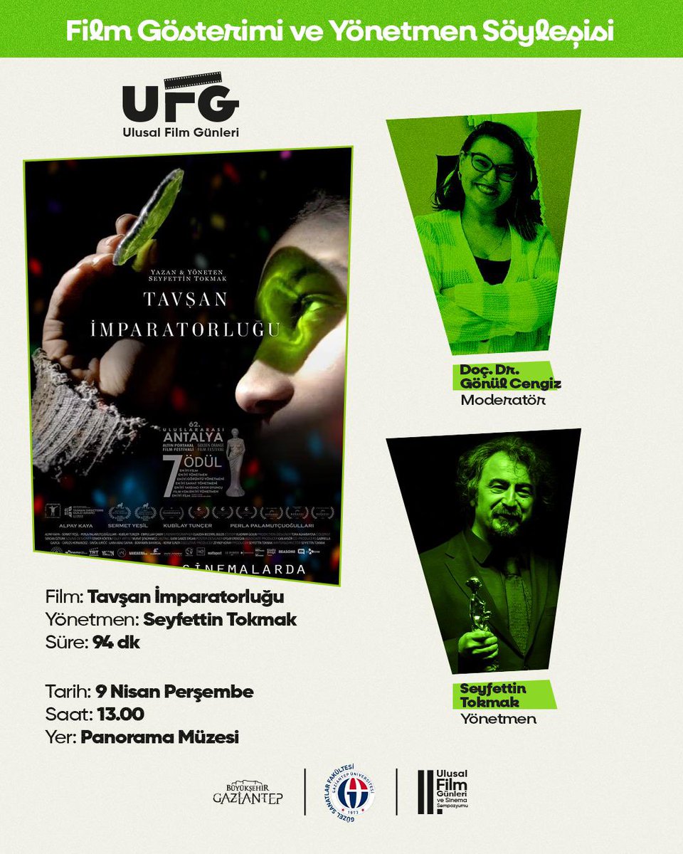 Tavşan İmparatorluğu Gaziantep’te.

Ulusal Film Günleri kapsamında 9 Nisan Perşembe saat: 13.00’de Panorama Müzesi

Gösterim sonrası Doç. Dr. Gönül Cengiz moderatörlüğünde ,Yönetmen Seyfettin Tokmak ile söyleşi. 

#Tavşanİmparatorluğu #Gaziantep #TürkSineması