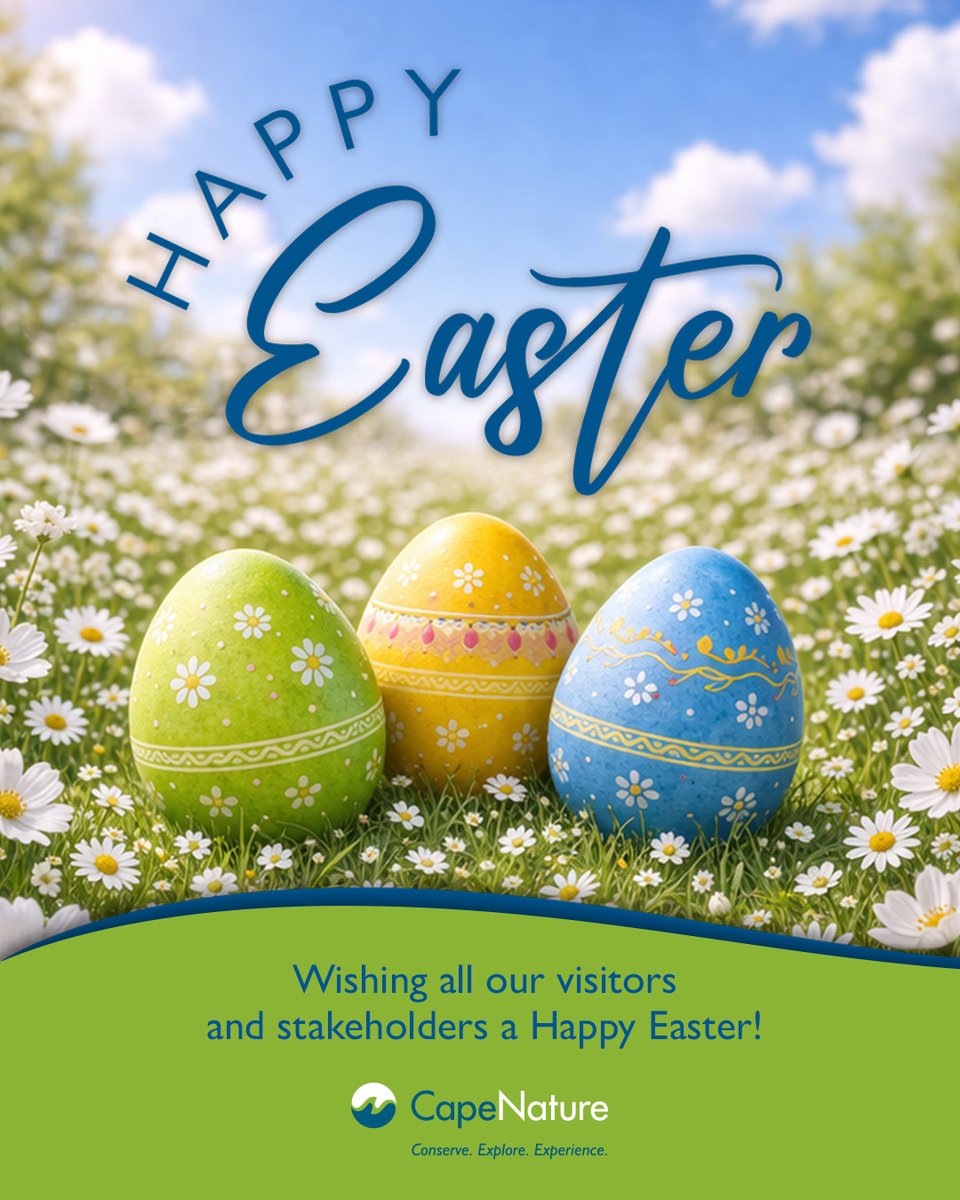 CapeNature1's tweet image. CapeNature wishes all our stakeholders and visitors a Happy Easter! May this special time be filled with joy, laughter, and memorable moments with loved ones. From our CapeNature family to yours, have a safe and joyous holiday! 🐇✨💚 

#CapeNature #HappyEaster #EasterWeekend