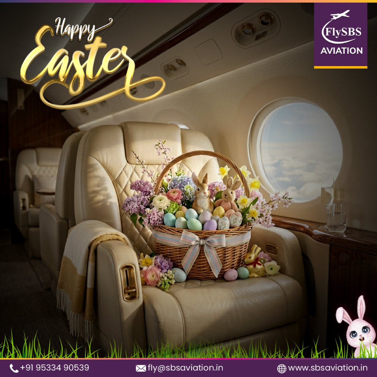 FlySBSAviation's tweet photo. Celebrate the joy of Easter with a touch of luxury above the clouds. ✨

#flysbsaviation wishes everyone a very Happy Easter! 🐰✨

#happyeaster #privatejet #luxurytravel #eastervibes #luxurylifestyle #easter2026 #eastereggs #aviation #indianaviation https://t.co/HN5t6x04uU