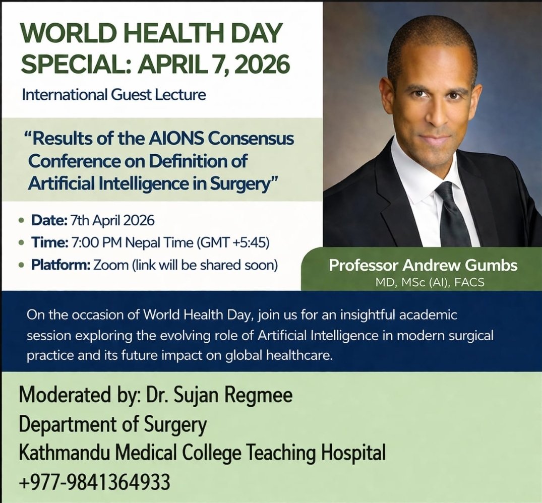 sujan_regmee's tweet photo. Join Professor Andrew Gumbs for a talk on AI in Surgery.
Covering AIONS consensus, defining AI in surgery, and its future impact on clinical practice. @andrew_gumbsMD @PrabinBikramTh2 @dhireshmaharjan @IHPBA @APHPBA https://t.co/rroqHilAtL