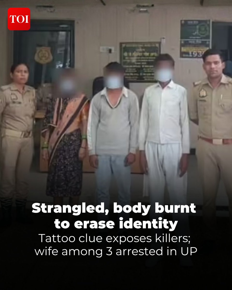 timesofindia's tweet image. Three people were arrested in #Agra district in connection with the alleged murder of a 39-year-old man, who was strangled and then charred to remove #evidence. Police claimed that they've solved the crime based on the #tattoo on the hand of the deceased.

More details 🔗