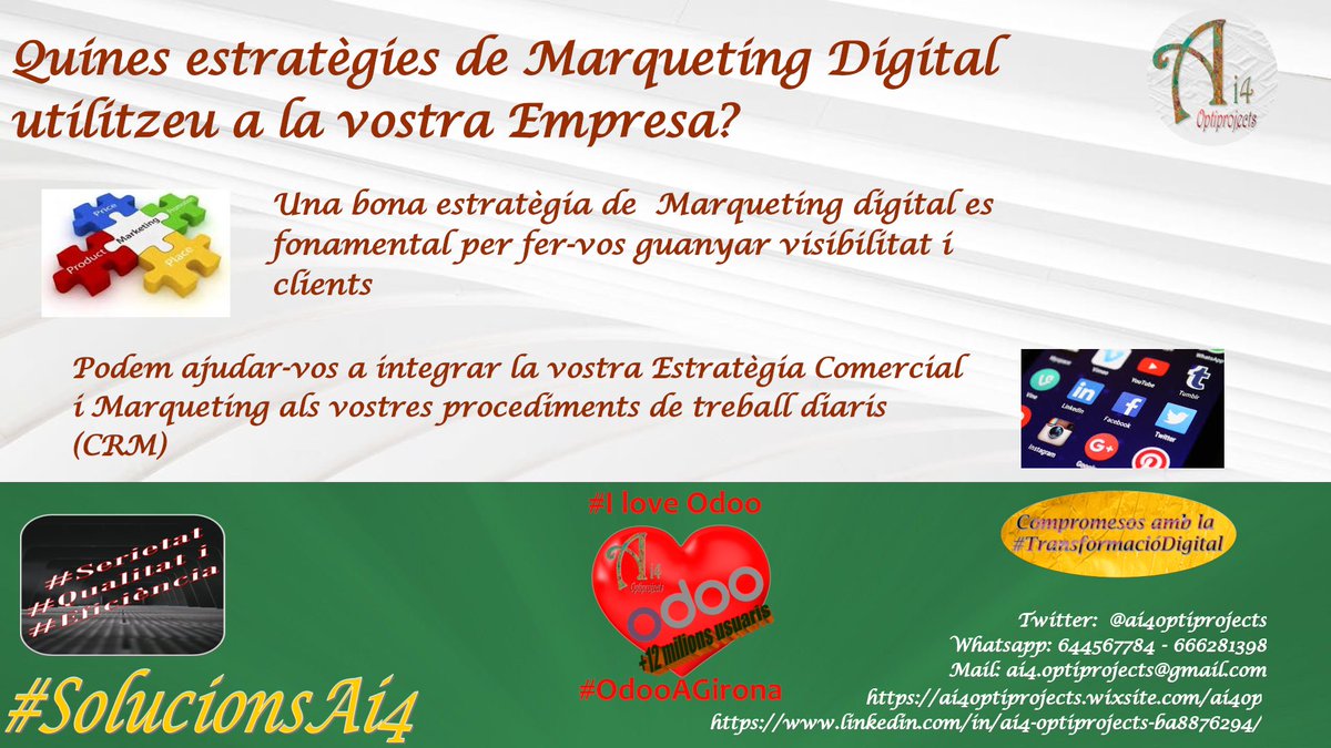 Ai4Serveis's tweet image. Amb #SolucionsAi4 us ajudem a integrar les vostres estratègies de màrqueting a la gestió operativa del dia a dia. #CRM #GestiodeContinguts #ServeisAdministratiusADemanda