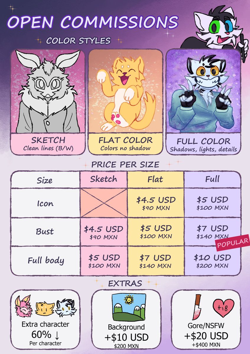 jazz51784's tweet image. Information on my #opencommissions, designs, and updated prices!
Place your order in the comments or send me a DM on Discord "blixneko"
Payment methods and Terms and Conditions in the answers