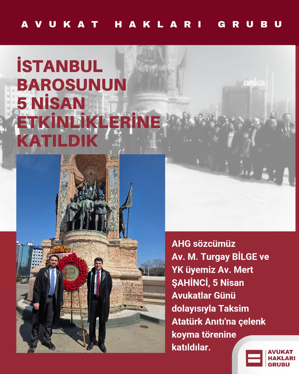 AvukatHG's tweet photo. BUGÜN İSTANBUL BAROSU'NUN TAKSİM ANITINA ÇELENK KOYMA TÖRENİNE KATILARAK,
ÇAĞDAŞ LAİK HUKUK DEVLETİMİZİN MİMARI ULU ÖNDER ATATÜRK'E MİNNET VE BAĞLILIĞIMIZI BİR KEZ DAHA İFADE ETTİK.

#5NisanAvukatlarGünü Kutlu Olsun! https://t.co/xvEBv9TLXB