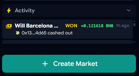 Nice cashout! 🔥

Someone earned 0.12BNB from yesterdays soccer match! 

Everything is settled on-chain. A decentralised prediction market on-chain that allows anyone to create their own market.