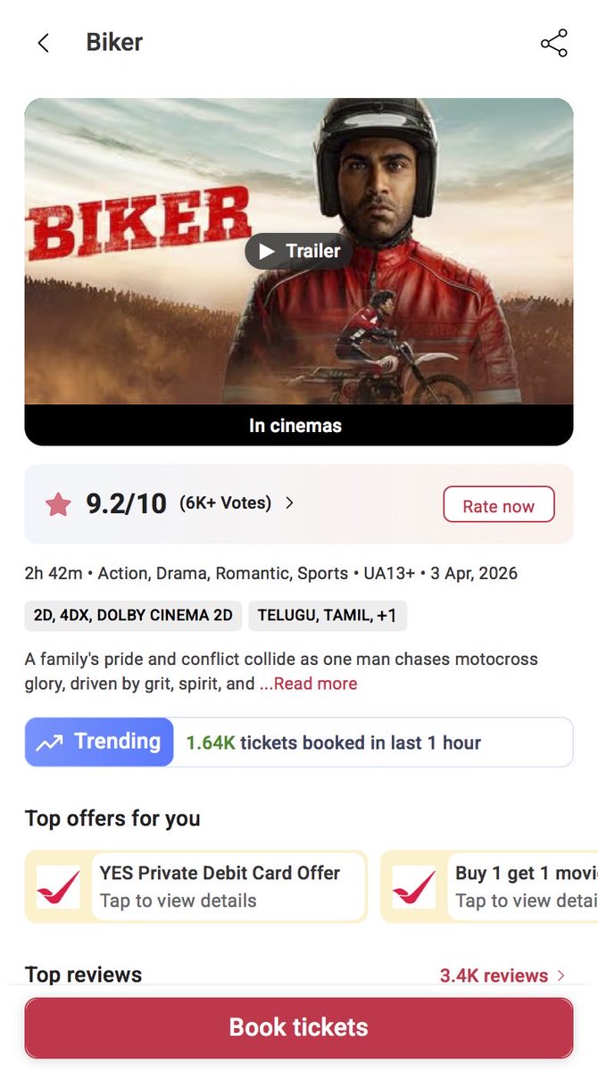 statsforfun319's tweet photo. #Biker BookMyShow 2026-Apr-05
3-4pm
Tickets sold on BMS-1640
Total-15430
Esti-27k+
#sharwanand #MalavikaNair https://t.co/9kiJLGymZd