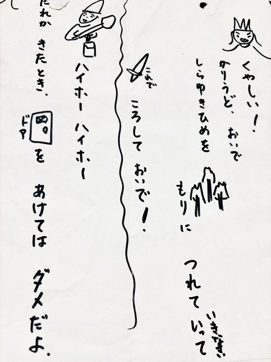 聾の子供、駿くんとお母さんの日記にあった、文章にイラストを混ぜ入れるやり方、なんか既視感があって家に帰ってアルバムをひっくり返したら私も同じ方法で学校が劇の台本を作ってくれたプリントが残ってました。（これしか残ってなかった）
懐かしい…！
思い出させてくれて感謝です。