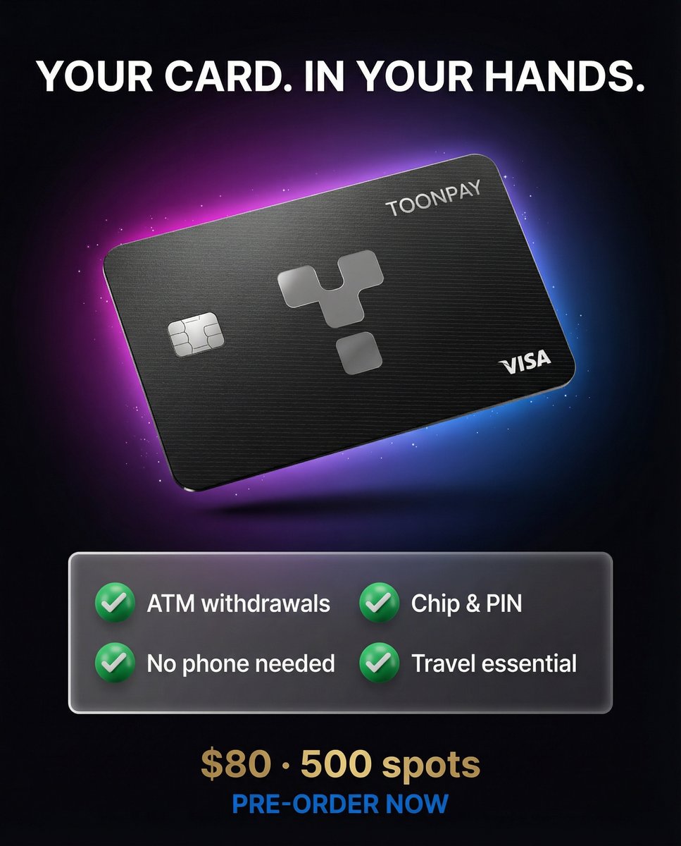 Physical card pre-order is live.

ATM withdrawals. Chip &amp; PIN. Works offline.

$80 per card. 500 spots.

Physical card or phone — which do you prefer? 👇

Pre-order: web.toonpay.io/preorder-card