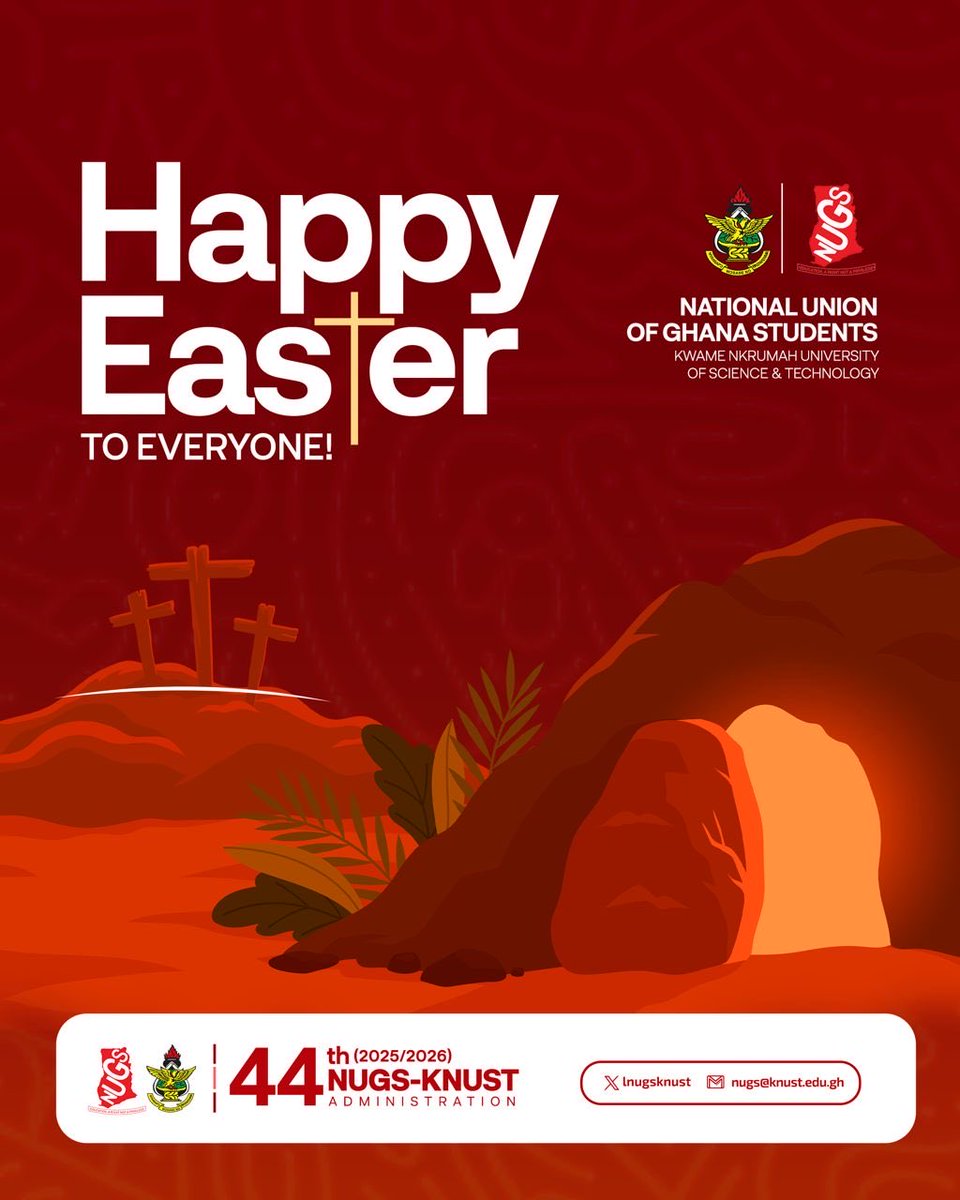 lnugsknust's tweet photo. 🌅 Happy Easter from NUGS-KNUST! 🐣
In his great mercy, he has given us new birth into a living hope through the resurrection of Jesus Christ from the dead."  -1 Peter 1:3
Wishing all students love, peace, and joy this Easter season. 🎊 https://t.co/nKsrroYEXr