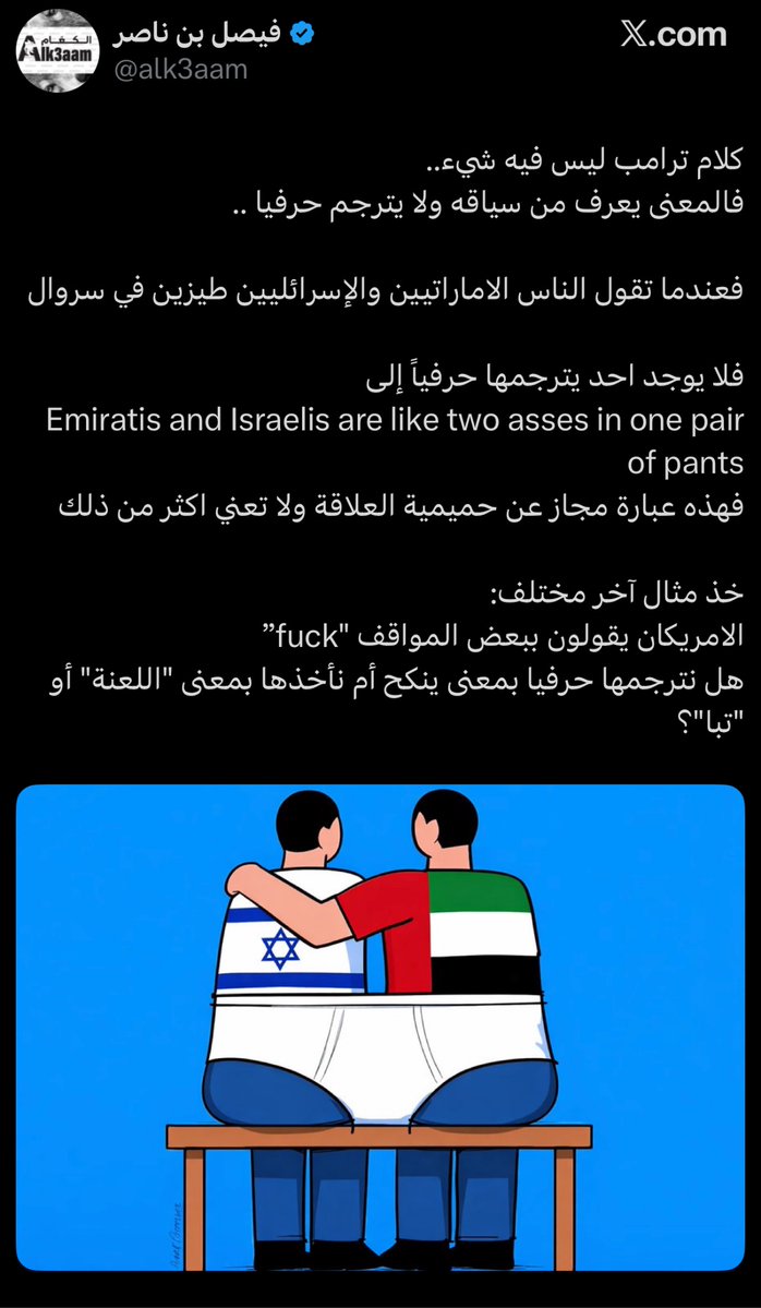 الناس = كم من حثالة 
ترامب = رئيس اقوى دولة

ترامب أساء لولي العهد بصفته رئيسًا لأقوى دولة، كلامه فيه استعلاء وإذلال..

أما أي مجاز عن الإماراتيين؟ نقدر نرد عليه وننسفَه بسهولة، لأنه ما له وزن سياسي ولا قيمة أمام الإهانة الحقيقية..

توقعتك بتدافع عن ولي العهد، لكن تبرر كلامه؟😑