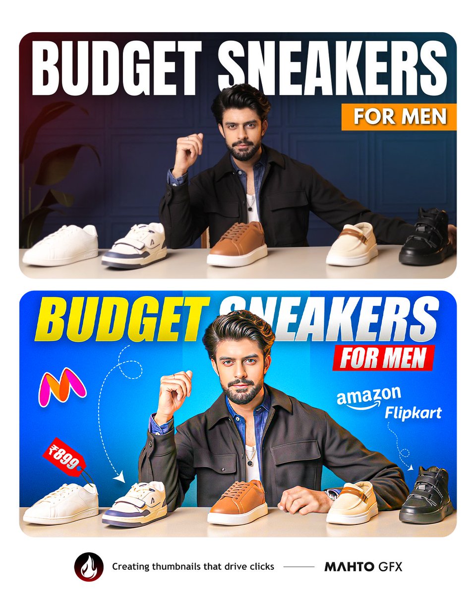 MahtoGFX's tweet photo. Day 09 of Consecutive Thumbnail Re-Design 🖌🎨

Title - BUDGET SNEAKERS FOR MEN THAT ARE TRENDING IN 2026

Let me know what do you think about this in the comments 👇

Tools Used - @photoshop

#MahtoGFX #Mahto #thumbnail #photoshop #graphicsdesign https://t.co/v7a64dM7Iq