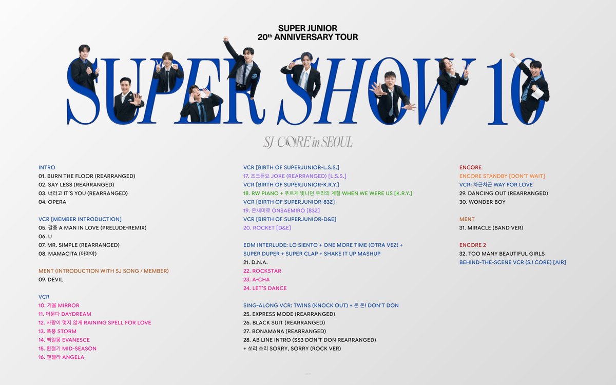 260405 #슈퍼주니어 #SUPERJUNIOR

SUPER JUNIOR 20th Anniversary TOUR <SUPER SHOW 10> SJ-CORE in SEOUL D3 셋리스트

🩷 MEDLEY
💜 SUBUNIT
💚 NEW