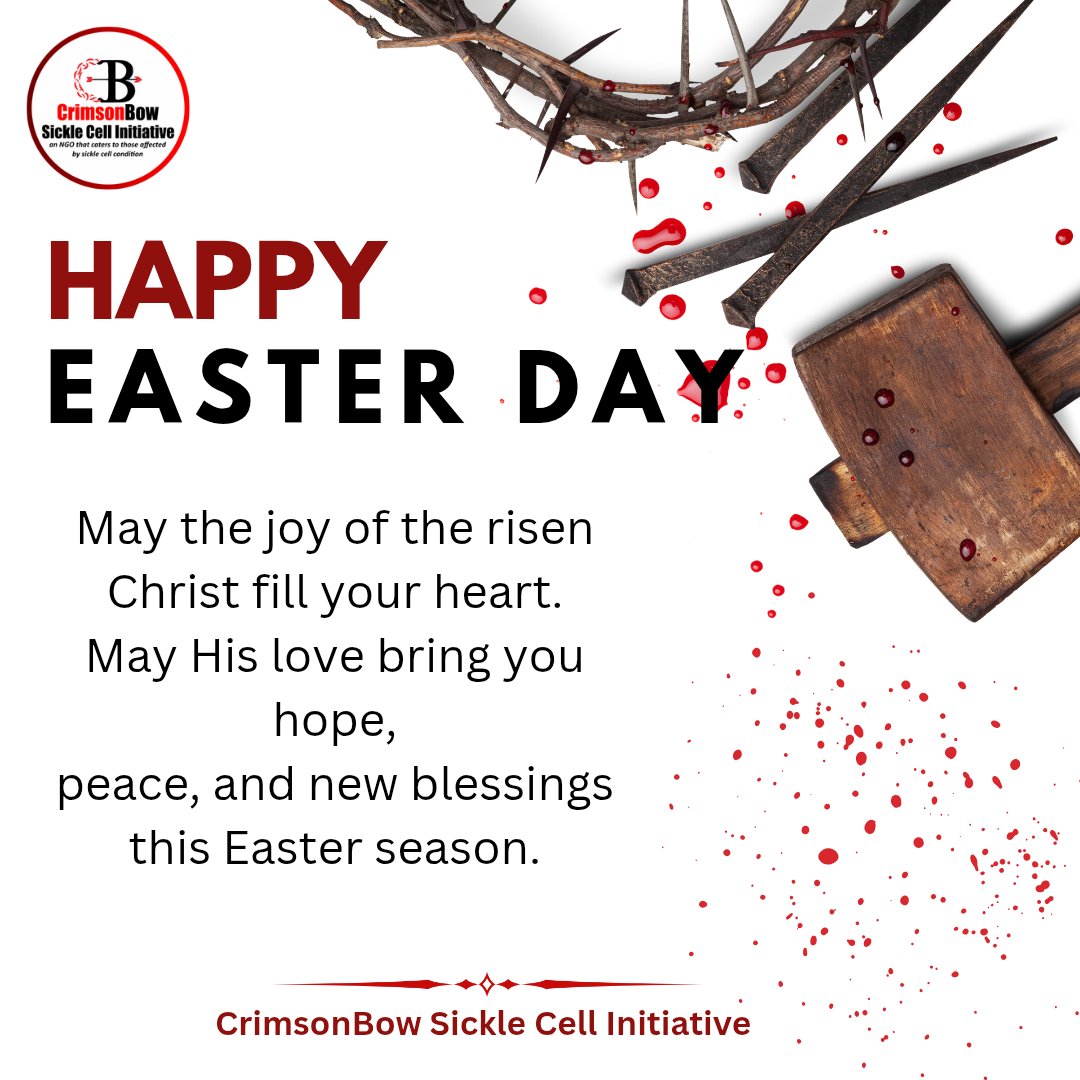 He is risen ✝️
This Easter, we celebrate love, sacrifice, and new beginnings.

May Christ’s resurrection bring healing, hope, and strength to every sickle cell warrior ❤️

Happy Easter from CrimsonBow Sickle Cell Initiative.
#CrimsonBowSCInitiative #SickleCellAwareness #HeIsRisen