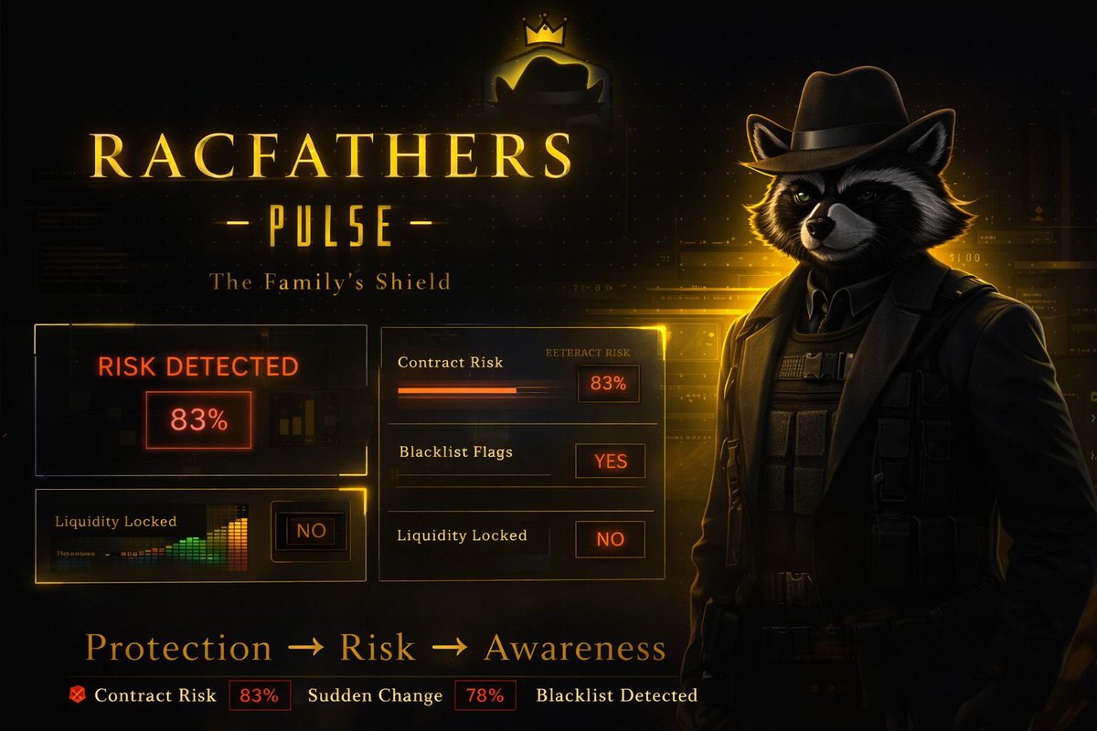 Drjohnnyfxw's tweet photo. How Racfathers Pulse Works 🦝

https://t.co/rwtDhIKZ1p 
Paste a token contract → Pulse scans it → risks are revealed.

It checks owner control, permissions, liquidity, and hidden structures, then assigns a risk score.

No guessing. Just clear insight.
@pulseracfathers https://t.co/nQOIn7pS16