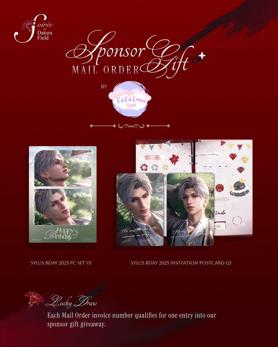 SYLUSBDAY's tweet photo. 📨 #SoiréeinDatura’s Mail Order Giveaway Sponsored by FaFaFuwa Shop

To mark our Mail Order opening, every successful mail-order purchase will have the chance to win:

🎁 1 Sylus Bday 2025 PC Set
🎁 2 Sylus Bday 2025 Invitation Postcard

Rules on reply ⤵︎ https://t.co/vycmDuI1k9