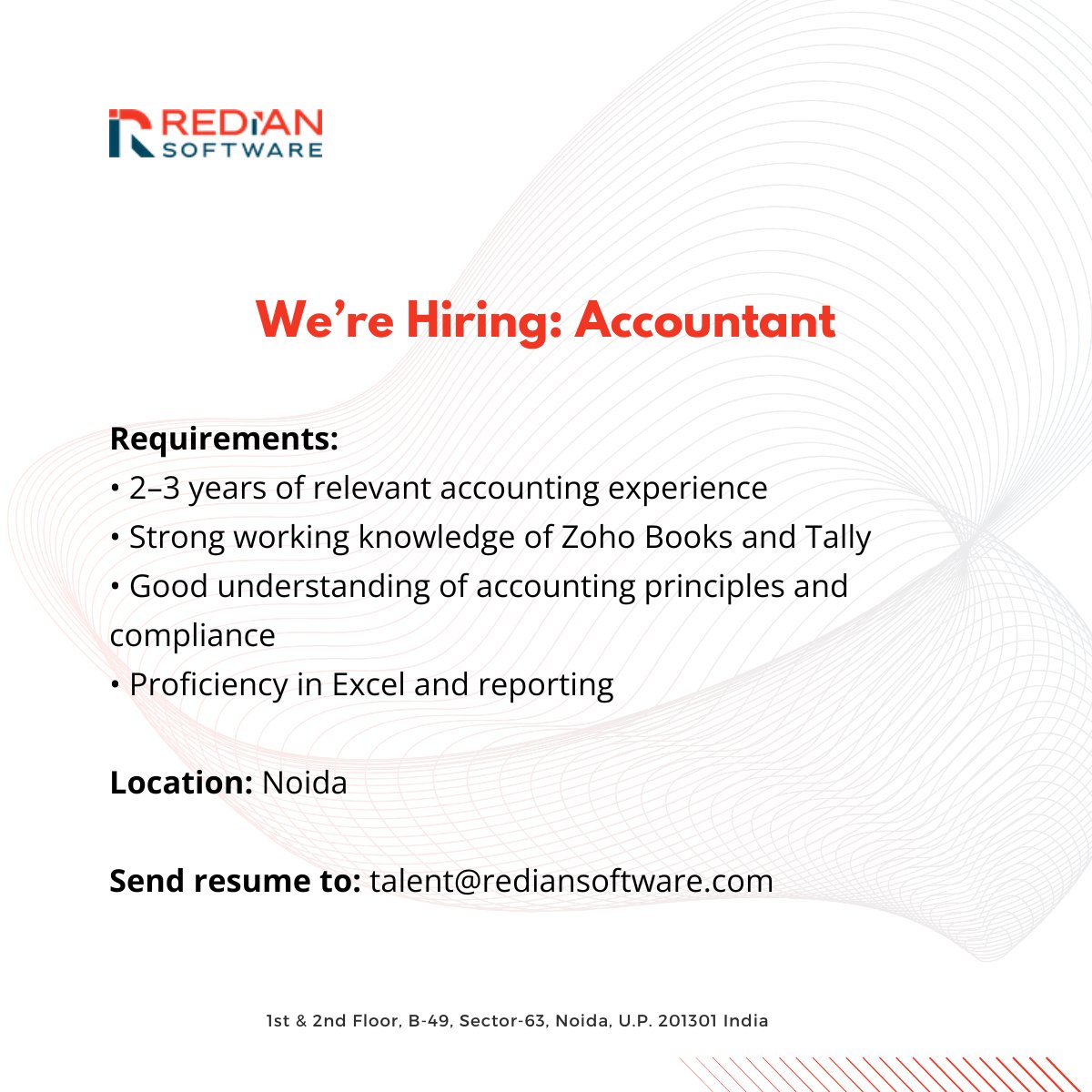 rediansoftware's tweet image. Hiring Accountant (2–3 yrs) | Noida

Looking for someone with strong experience in Zoho Books &amp;amp; Tally to join Redian Software.

Send your CV: talent@rediansoftware.com

#Hiring #NoidaJobs #Accountant #ZohoBooks #Tally
