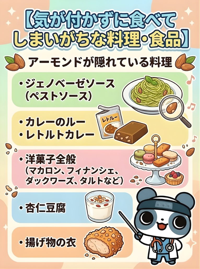 ninninkids's tweet photo. ピスタチオなどナッツ類のアレルギーが年々増加しています⚠️
実はつい最近、2026年4月1日に「ピスタチオ」が新しく推奨表示（特定原材料に準ずるもの）に追加されたばかり！

アレルギー表示が「推奨表示」に留まるナッツ類
・ピスタチオ
・アーモンド
・マカダミアナッツ
これらは「義務表示」とは異なりパッケージに記載されないことがあるため、外食や加工食品では特に注意が必要です💡

さらにナッツ類の原材料名から読み取りにくい表記や、気が付かずに食べてしまいがちな料理・加工品について詳しくまとめました！↓よかったら保存してね🐼

【原材料名での隠れ表記・別名】
✅「木の実」「種実類」
→ ナッツ類をまとめてこのように記載している場合があります。

✅「植物油脂」
→ナッツ由来の油（アーモンドオイルやマカダミアナッツオイルなど）が含まれている可能性があります。
精製されていればアレルゲンとなるタンパク質は少ないですが、重度の場合は注意が必要です。

✅「香料」
→アーモンドエッセンスなどが香料としてまとめられていることがあります。

✅「マジパン」
→粉末アーモンドと砂糖を練り合わせたもの。洋菓子の生地や飾りに多用されます。

✅「プラリネ」
→焙煎したナッツ（主にアーモンドやヘーゼルナッツ）に加熱した砂糖を和えてカラメリゼし、ペースト状にしたもの。チョコレートやケーキに練り込まれることがあります。

✅アーモンドプードル（パウダー）
粉末状のアーモンド。洋菓子店などの店頭表示や説明書きでは、単に『プードル』と略されていることがあるので注意が必要。

【気が付かずに食べてしまいがちな料理・食品】
🍨ピスタチオが隠れている料理🍨
✅ジェラート・アイスクリーム
→緑色のアイスは抹茶だけでなく、ピスタチオフレーバーの可能性があります。

✅デュカ（中東のスパイス塩）
→最近カフェなどでオリーブオイルと一緒にパンにつけて食べるスパイスミックス「デュカ」が流行していますが、ここには砕いたピスタチオやアーモンドがたっぷり入っています。

✅モルタデッラ（イタリアのボローニャソーセージ）
→薄ピンク色の大きな丸いハムのようなソーセージですが、断面に緑色の粒（ピスタチオ）が練り込まれているのが伝統的なレシピです。サンドイッチやピザによく使われます。

✅パテ・テリーヌ
→フレンチの肉料理（パテ・ド・カンパーニュなど）の断面に、食感のアクセントとしてピスタチオが入っていることがよくあります。

🍛アーモンドが隠れている料理🍛
✅ジェノベーゼソース（ペストソース）
→本来は松の実を使いますが、コストダウンやコクを出すためにアーモンド（またはカシューナッツ）を代用・ブレンドしているパスタソースが非常に多いです。

✅カレーのルー・レトルトカレー
→コク出しの隠し味として、アーモンドペーストが使われていることがあります。

✅洋菓子全般（マカロン、フィナンシェ、ダックワーズ、タルトなど）
→生地のベースが小麦粉ではなくアーモンドプードルである場合が多いです。

✅杏仁豆腐
→本来は「杏仁（アプリコットの種）」を使いますが、風味が似ているためアーモンドパウダーやアーモンドミルクで代用して作られているものが市販品に多くあります。

✅揚げ物の衣
→フライの衣（パン粉の代わりや風味付け）としてアーモンドスライスやパウダーが混ざっていることがあります。

🥞マカダミアナッツが隠れている料理🥞
✅ハワイアンパンケーキ
→白いとろっとしたソースが「マカダミアナッツソース」であることがあります。

✅ヴィーガン料理・乳製品代替品
→牛乳やチーズの代わりに、マカダミアナッツミルクやペーストを使ってコクを出したヴィーガンチーズ、ヴィーガンシチューなどがあります。

✅ホワイトチョコレート・クッキー
細かく砕かれて生地やチョコの中に練り込まれていることがあり、食感だけでは気づかないことがあります。

推奨表示のナッツを避ける場合、外食時は「ナッツ類（特にアーモンドなど）を隠し味やソースに使っていませんか？」と具体的に店員さんに確認することが最も安全です🐼