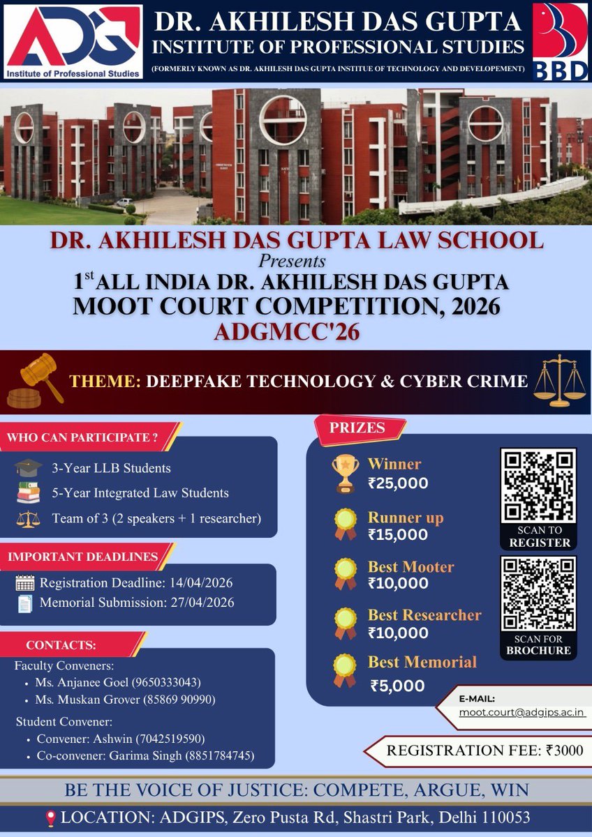 CleAdgitm's tweet photo. Step into the arena of legal excellence!
Join the 1st All India ADGMCC 2026 and argue on one of the most relevant issues of our time—Deepfake Technology &amp; Cyber Crime.

🏆 Compete. Argue. Win.

#MootCourt #LawStudents #ADGMCC2026 #CyberLaw #Deepfake #LegalEducation #LawSchool https://t.co/Dtv0OCvFBM