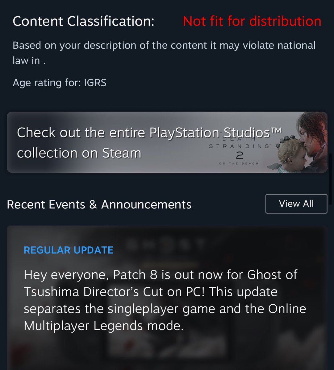 alsjournall's tweet photo. Game yang sama. Ghost of Tsushima.

Di Steam ratingnya NOT FIT FOR DISTRIBUTION, tapi di kaset PS5, ratingnya 18+ YANG BENER YANG MANA?

😭 ini peraturan judulnya EARLY ACCESS kah? Cyberpunk lu? Apa apa masih banyak bugsnya, ketauan banget belom mateng belom jadi, udah main rilis aja. You better patch it up soon PLEASELAH!