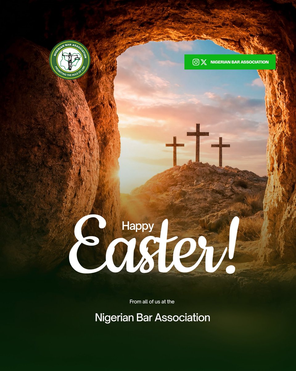 NigBarAssoc's tweet photo. Dear Colleagues,

Easter is a season that speaks gently yet powerfully to the human spirit. It reminds us that even after the darkest nights, dawn still breaks; that hope can rise where despair once lingered; and that life, in all its fullness, ultimately triumphs. In a world often weighed down by uncertainty and hardship, the message of Easter reassures us that renewal is always possible and that faith can light the path forward.

This sacred season invites us to reflect on sacrifice, courage, and unwavering faith, virtues that lie at the heart of our calling as legal practitioners. As defenders of justice and custodians of the rule of law, we are daily confronted with the realities of human struggle and the urgent need for fairness, compassion, and accountability. This period calls us to recommit ourselves to these ideals, and to continue standing firmly for justice, even when the path is difficult.

As members of the Bar, we are also called to be voices of calm in turbulent times, bridges where there are divisions, and instruments of peace in our communities. The promise of Easter, of new beginnings, encourages us to renew our dedication to professional integrity, selfless service, and the strengthening of our Association as a beacon of hope and leadership.

This season also reminds us to look beyond ourselves and reach out with compassion. Let us extend kindness to the vulnerable, support to the weary, and encouragement to those who may be struggling. Small acts of love and understanding, inspired by the spirit of Easter, can help heal wounds, restore hope, and bring us closer to the just and peaceful society we all desire.

May the joy of the Resurrection fill our hearts with renewed strength, deepen our sense of purpose, and inspire us to continue working together for a better Bar and a better Nigeria.

I wish you and your loved ones a blessed, joyful, and peaceful Easter.

Happy Easter!

Mazi Afam Osigwe, SAN
President
Nigerian Bar Association