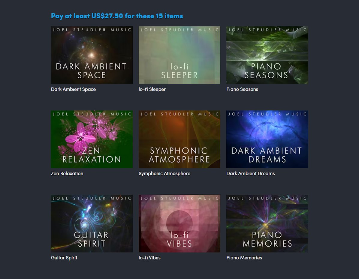 Joel Steudler Music『Maximum Chill Music Bundle』が96%OFFセール中！
Lofi Hip HopやChill Hopなどの制作に最適なサンプルパック全15種類がセットになったバンドルです。

通常価格 750ドル → 27.5ドル

humblebundle.com/software/maxim…

27.5ドルより上の金額を選択して慈善団体に寄付することもできます