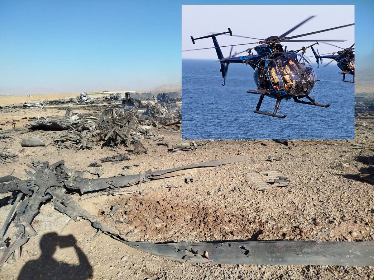 Osinttechnical's tweet image. Appears that U.S. forces also destroyed at least one MH-6 Little Bird helicopter left behind at the forward base in Iran.