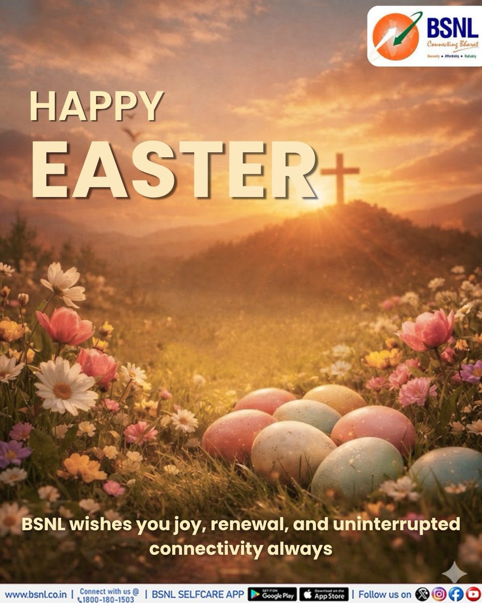 BSNLCorporate's tweet image. This Easter, it’s not just about celebrations—it’s about staying close to the ones who matter most 💛

With BSNL, every call, every message, and every moment feels closer—no matter the distance.

Reconnect. Rejoice. Stay together. 🐣✨

#HappyEaster #StayConnected #BSNL