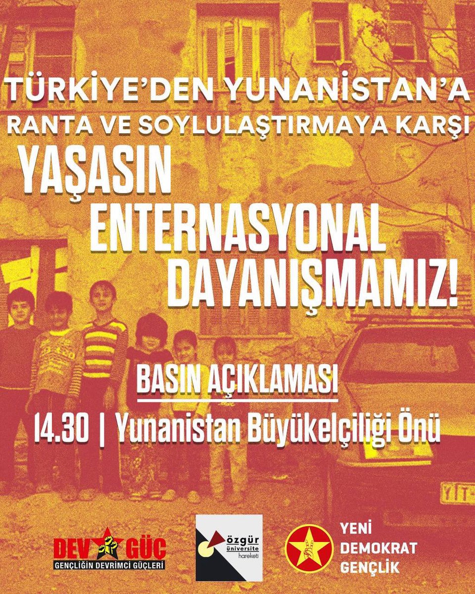 📍Ankara

Yunanistan Devleti’nin Prosfygika’ya, yaşam alanlarına saldırılarına karşı dayanışmayı büyütmek için Yunanistan Büyükelçiliği önünde buluşuyoruz.

Yaşasın enternasyonel dayanışmamız!