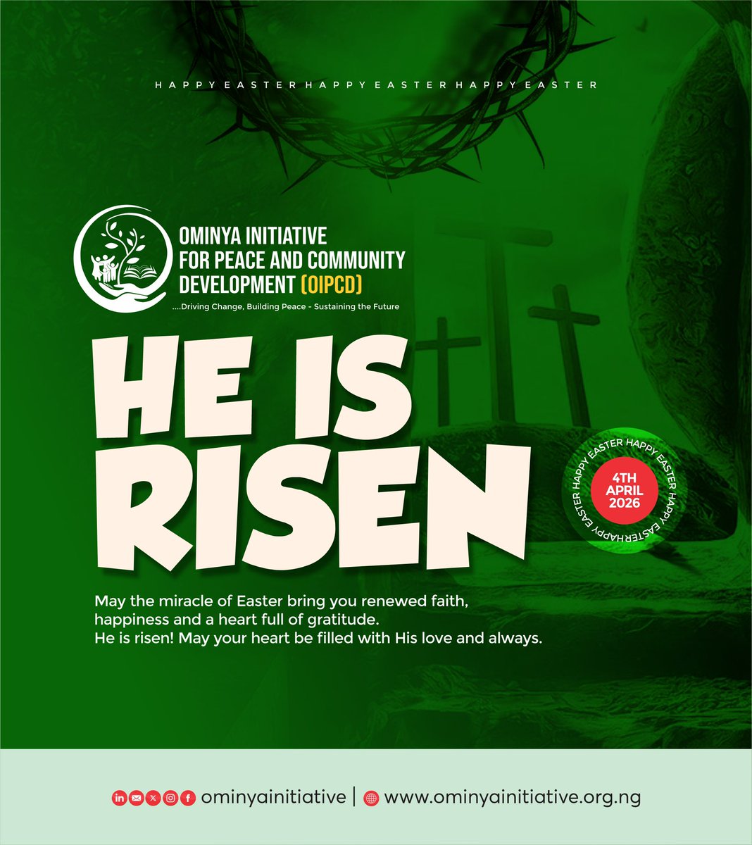 This Easter, we celebrate the power of hope, renewal, and new beginnings.

At Ominya Initiative, we remain committed to a future where peace, inclusion, and opportunity thrive for all.

✨ Happy Easter from all of us at OIPCD!

#HappyEaster #Peacebuilding #OIPCD #OminyaInitiative