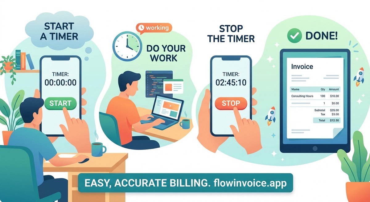 flowinvoice's tweet photo. Freelancers and consultants, this one's for you. 

Flow takes the pain out of hourly billing. 

Start a timer, do your work, stop the timer. 

Your invoice is practically done. No spreadsheets, no manual calculations, no headaches. 

Just easy, accurate billing. Try it free at https://t.co/SV8ZuCI9g9 🚀