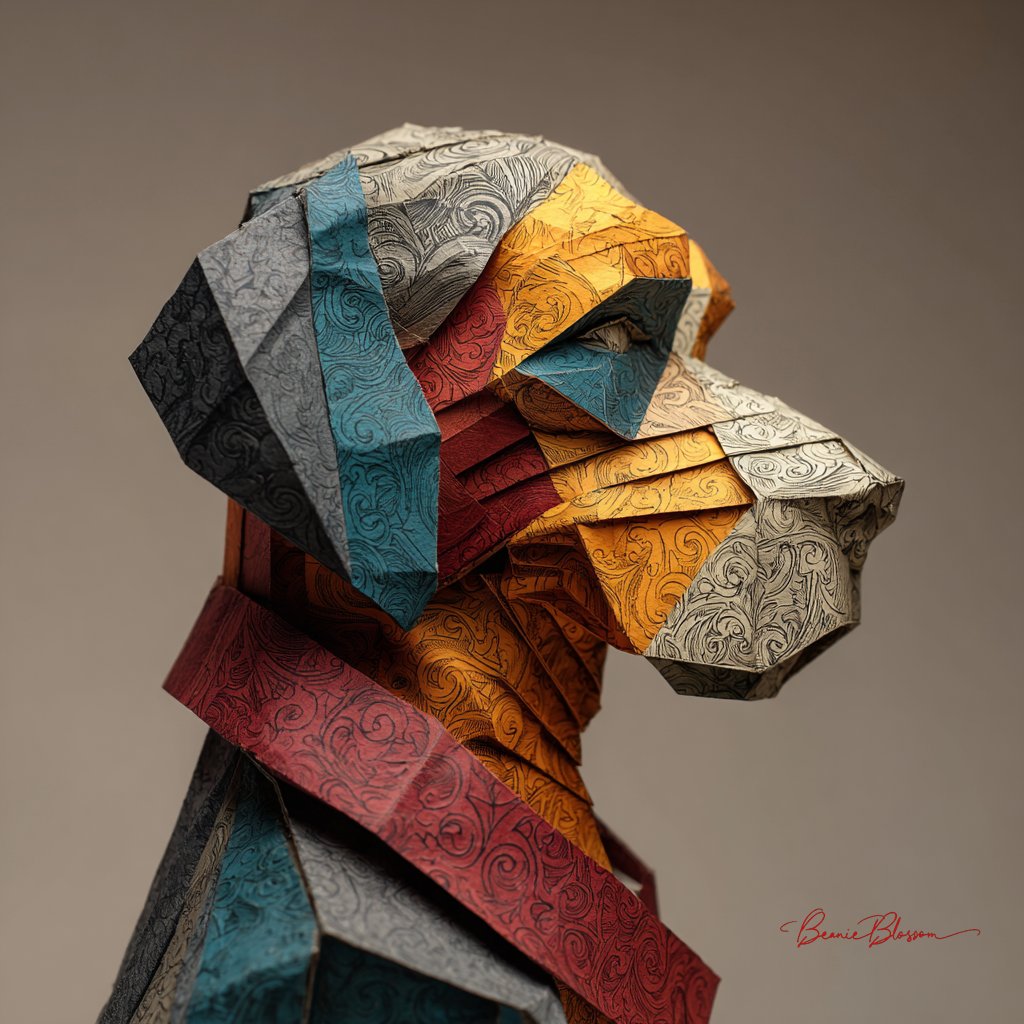Prompt: a portrait of an abstract sculpture made from bold colored origami paper, featuring a classical dog in profile, with textured layers of different colors and patterns. the background is neutral to highlight the detailed folds on his face. this piece embodies modern
